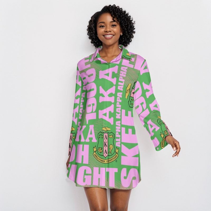 Alpha Kappa Alpha Crossword Lapel Shirt Dress With Long Sleeve