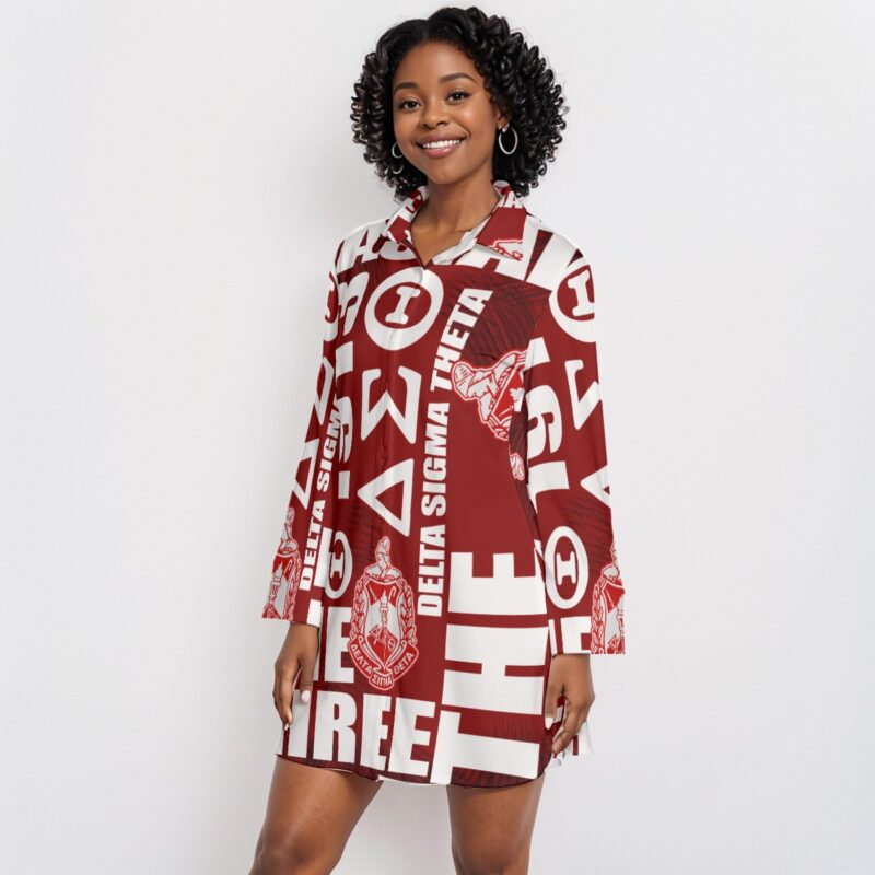 Delta Sigma Theta Crossword Lapel Shirt Dress With Long Sleeve - Image 2