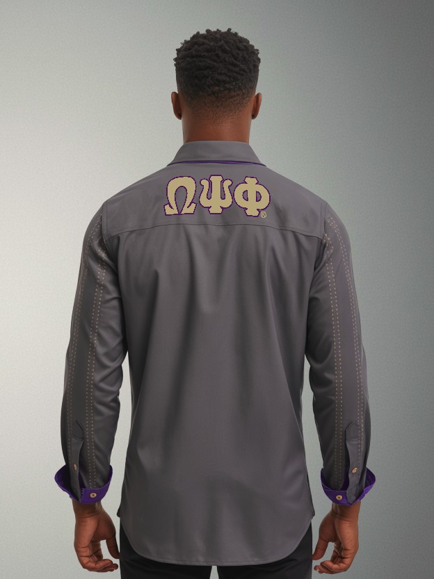Omega Psi Phi Grey Classic Long-Sleeve Button-Up Shirt - Image 2